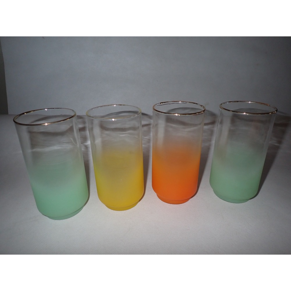 Vintage Frosted Ombre Glass Pitcher and 4 Tumbler Set Gold Rim Multi Color 5pc - Picture 12 of 15